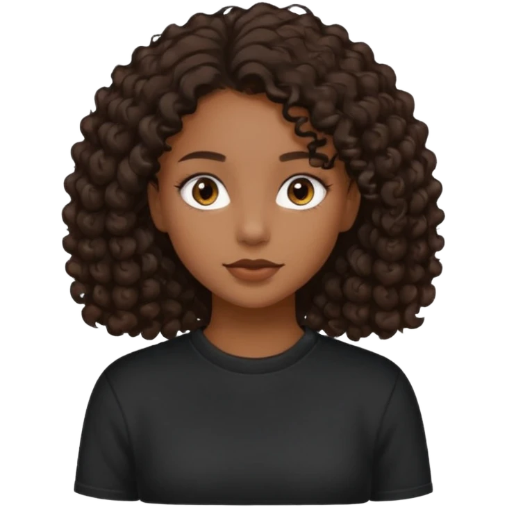 girl with brown skin, dark curly brown hair shoulder length and plain black crewneck t-shirt emoji