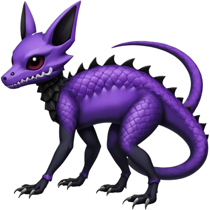 Gothic spooky Scaley Exotic Salandit-Umbreon-Noibat-Fakémon-hybrid-creature (full body), 4 legs, white skull face mask emoji