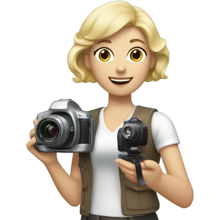 White woman with blond page hair holding a vlog camera emoji