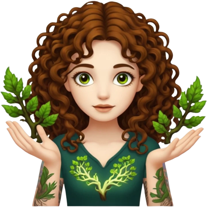 woman with long curly brown hair, brown eyes, white skin, tattoos, growing glowing moss from her fingertips like magic circuits emoji