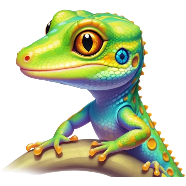 Cinematic Cute Gecko Portrait Emoji, Head tilted playfully and inquisitively, featuring a small, charming body with smooth, vividly patterned scales, bright, sparkling eyes and delicate, sticky toe pads, Simplified yet irresistibly adorable features, highly detailed, glowing with a warm, inviting glow, high shine, affectionate and lively, stylized with a touch of tropical whimsy, soft glowing outline, capturing the essence of a mischievous yet loving gecko that appears ready to dart out of the screen into your heart! emoji