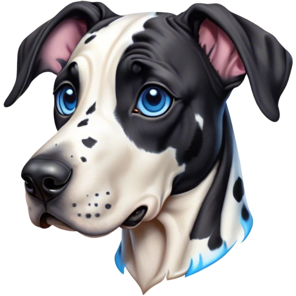 Cinematic Cute Harlequin Great Dane Portrait Emoji, Head tilted playfully and inquisitively, featuring a glossy coat of predominantly white with dynamic black patches, round, sparkling blue eyes filled with gentle curiosity, Simplified yet irresistibly adorable features, highly detailed, glowing with a warm, friendly glow, high shine, affectionate and gentle, stylized with a touch of whimsy, bright and endearing, soft glowing outline, capturing the essence of a mischievous yet loving pup, so playful it feels like it could lumber out of the screen and into your arms! emoji