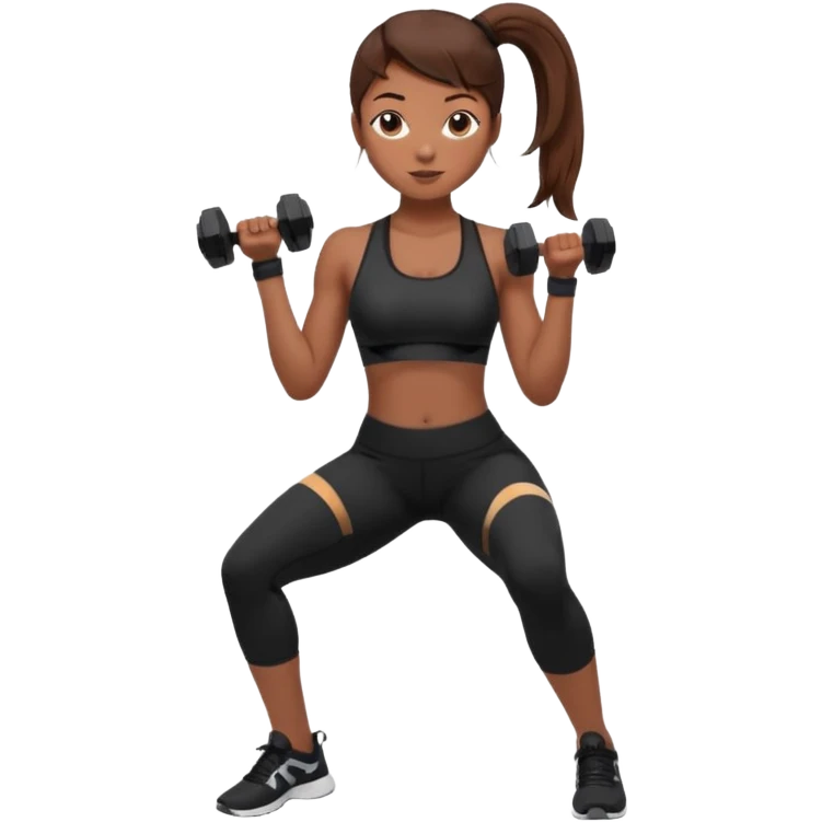 beautiful girl with brown hairs in sport wear in her hands is dumbbells emoji
