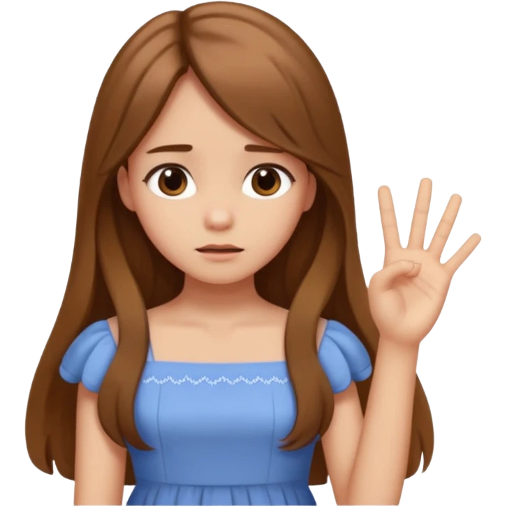fake costumer loyalty, girl that doesn't care, she is like whatever, brown long hair, cute dress and her hand showing like i dont care whatever, make her look little bit bored emoji