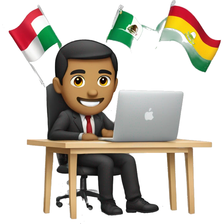 men working on a desk with a macbook  and the mexican and brasil flags on the background  emoji