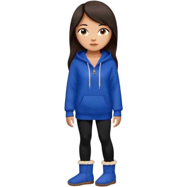 A pretty white/asian tanned girl with medium long strait dark brown almost black hair wearing a royal blue hoodie and black leggings pretty tan with Ugg slippers emoji