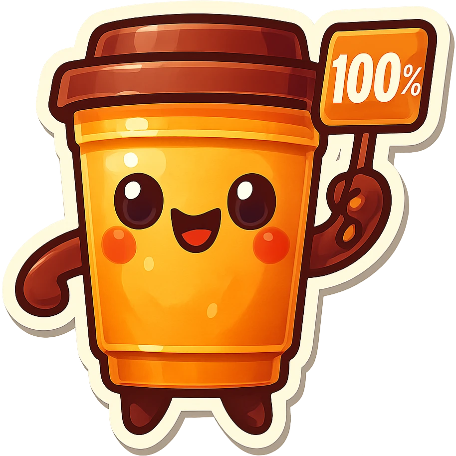 Tall coffee cup, holding sign "100%" emoji