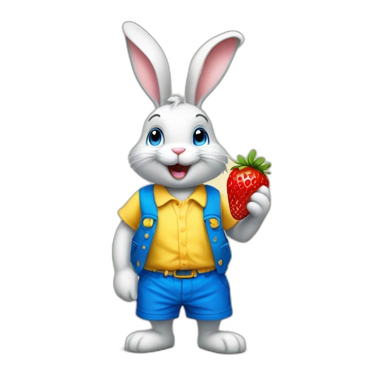 a happy bunny in yellow shorts and a blue vest with a blue bow around his neck sniffs strawberries emoji