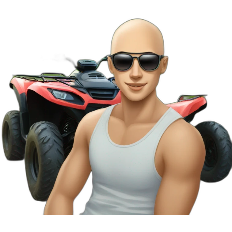 Young man with atv quad cfmoto, no hair, sunglass emoji