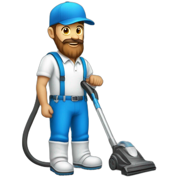 blue cap and white polo cleaner, with a brown beard and a vacuum cleaner emoji