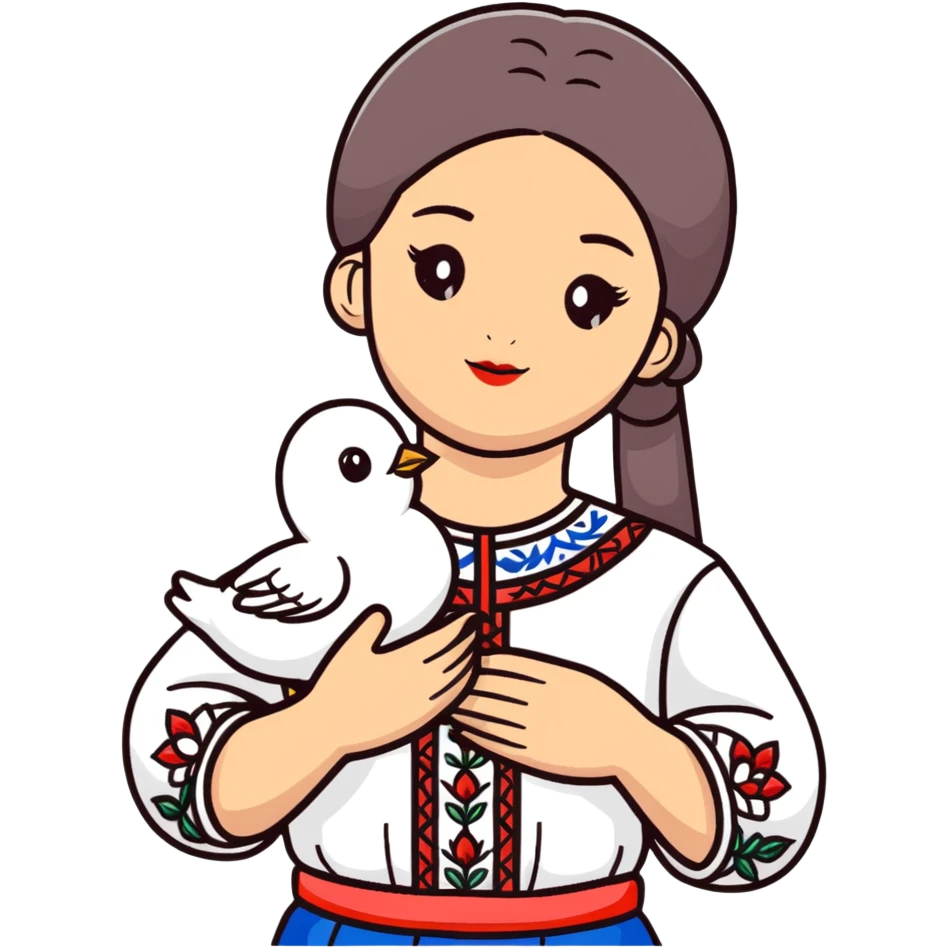 Ukrainian girl wearing a traditional embroidered vyshyvanka shirt with a white dove of peace next to her emoji