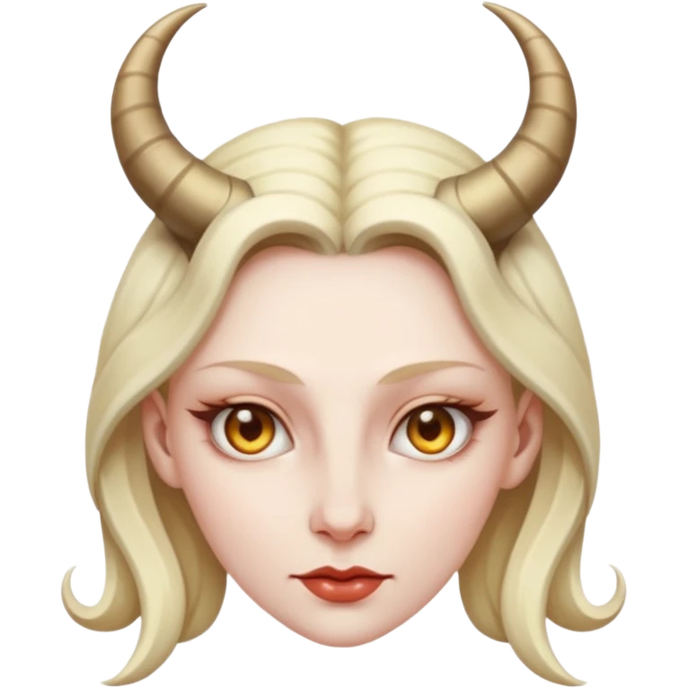 Woman with subtle horns, smooth skin and sharp gaze, divine corruption emoji