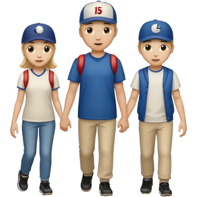 iOS emoji style. 2 adult friends and a young teenager wearing a baseball hat walking and talking.  emoji