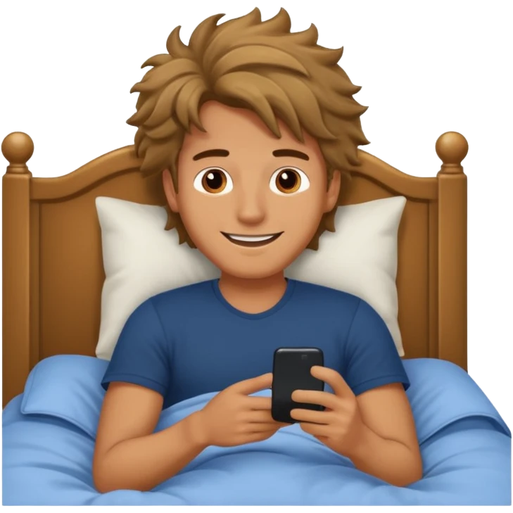 Man emoji lying in bed smiling and looking at his phone emoji