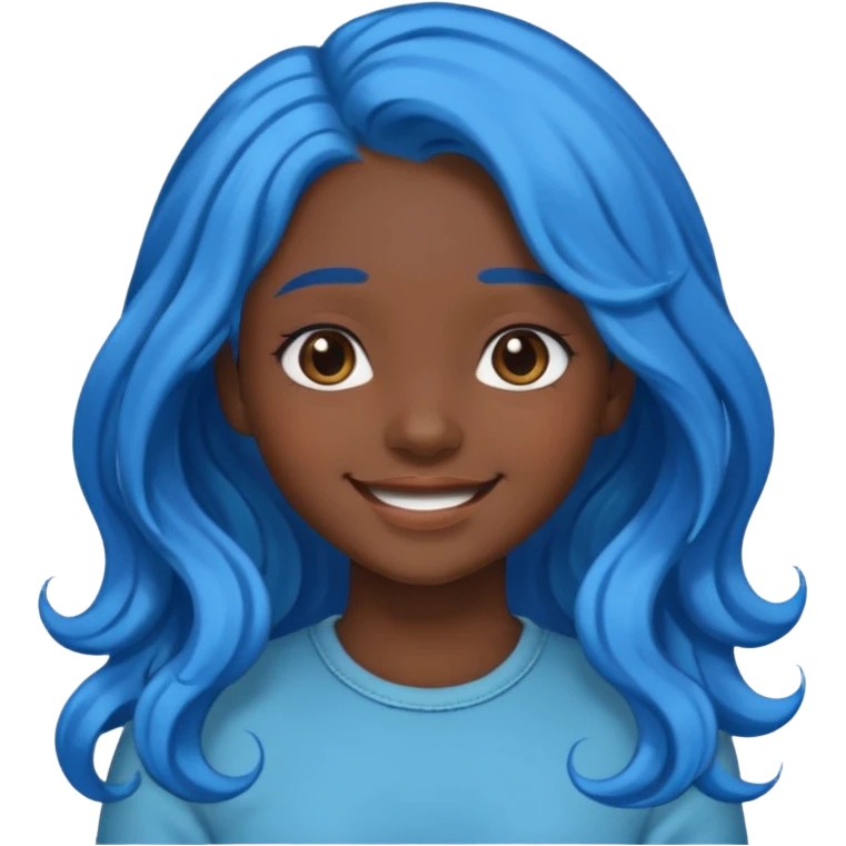 blue haired girl, dark skin, wavy long hair, smiling emoji emoji