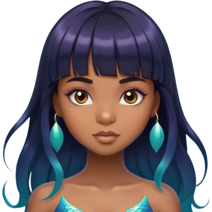 brownskin girl, beautiful girl, mermaid appearance, black straight hair with bangs above eyebrowns, nostril piercing emoji