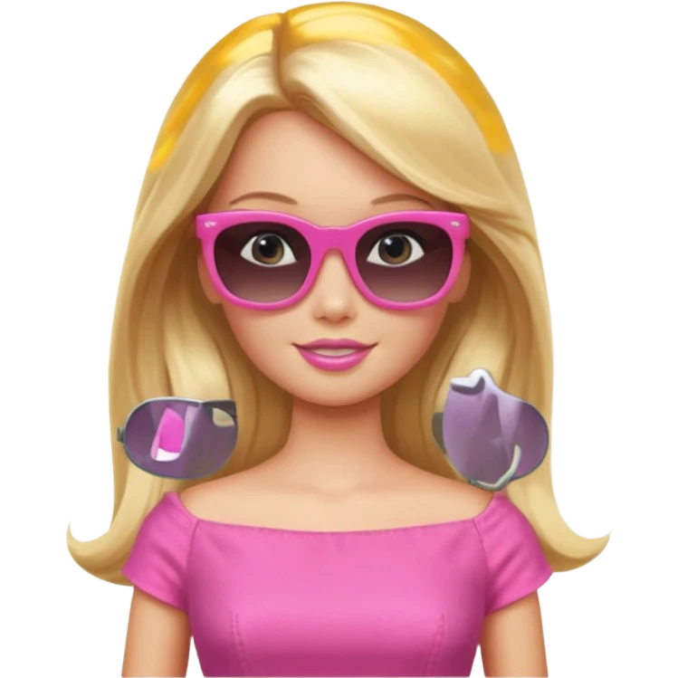 barbie with long blonde hair wear sun glasses, pink dress emoji