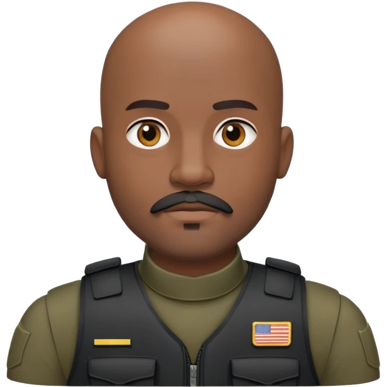 black soldier bald head, short beard that connects seamlessly to his mustache,  in black bulletproof vest emoji