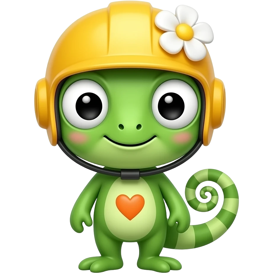 cute green chameleon mascot emoji, big round eyes, smiling, wearing a yellow helmet with a white flower on top, small orange heart on belly, simple clean vector style, soft shading, bold outline, centered, minimal background, sticker emoji style emoji