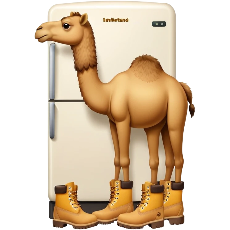 A camel face with long eyelashes on top of a boxy white refrigerator body, with four yellow-brown Timberland boots at the bottom emoji