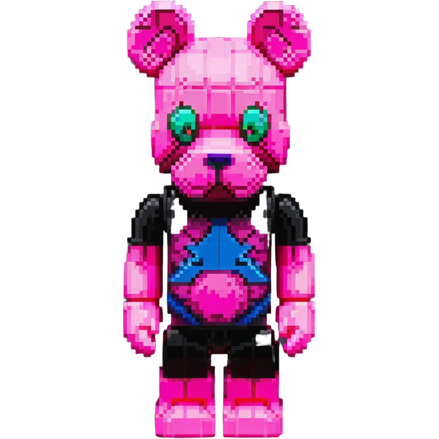 Pixel art KAWS Bearbrick figure with X eyes wearing a hot pink balaclava, blocky bear shape emoji