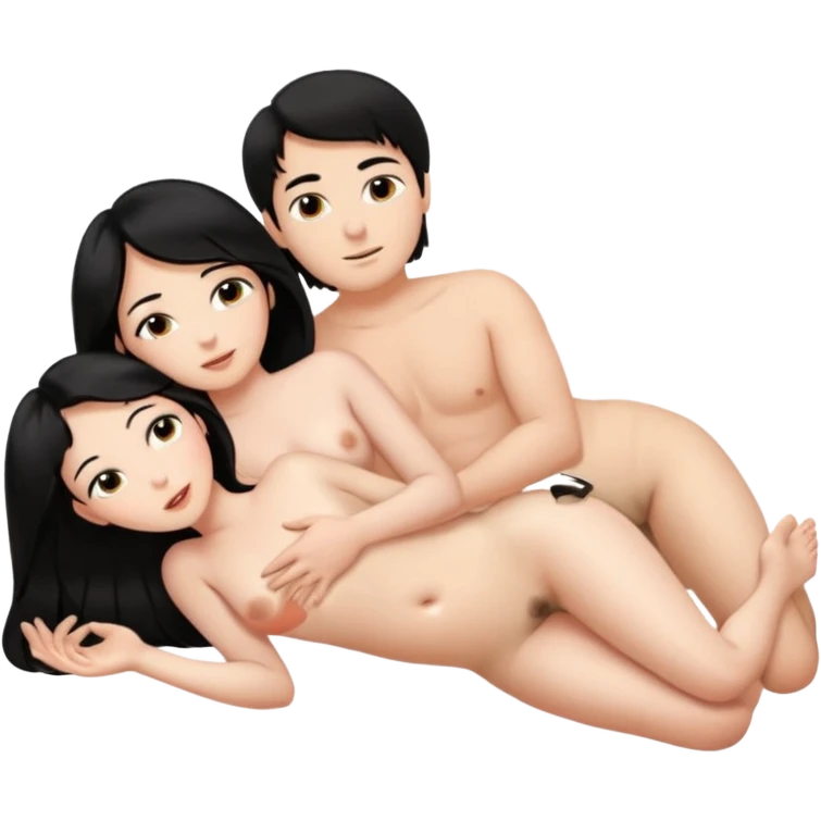 Девушка с большими симками голая лежит на спину , а на ней лежит голый мужчина с членом, лицом перед, держит её большую жопу. белое тело, волосы черные, только они дваем emoji