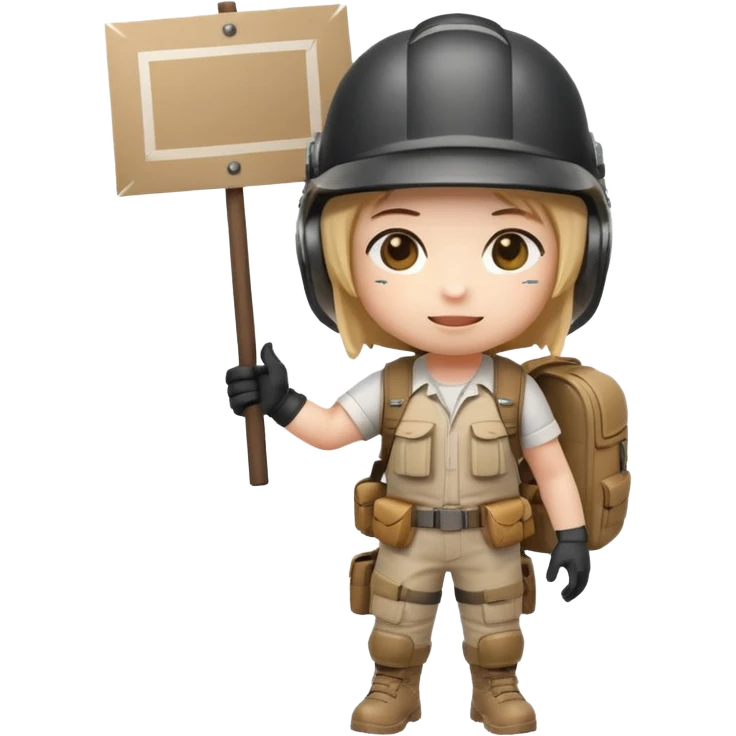 Create a cute emoji-style PUBG Mobile character, chibi version with helmet and backpack, standing in victory pose, holding a blank white sign or paper sheet in both hands in front of chest, ready for text, clean white background, simple emoji design” emoji