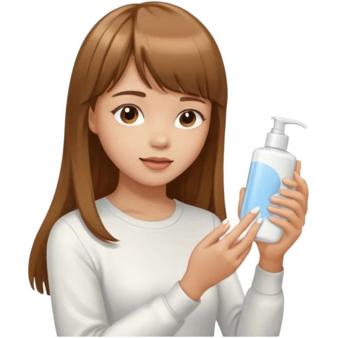a girl with light skin and medium brown long hair with bangs who is applying lotion to her body emoji