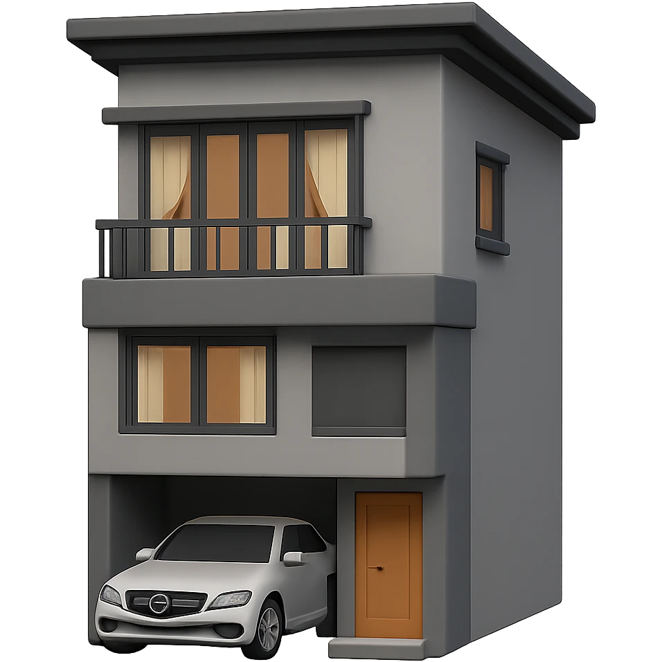 Cut the house in half vertically, showing only one side. Transform it into a 3D emoji style with realistic colors true to the original photo. Use a transparent background. The style should resemble a 3D emoji look. emoji