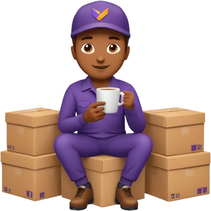 emoji of FedEx delivery man is sipping coffee while sitting on the boxes emoji