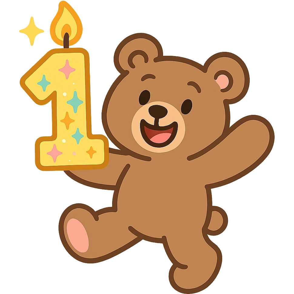 brown teddy holding sparkly number "1" candle, pastel-toon style, transparent background emoji