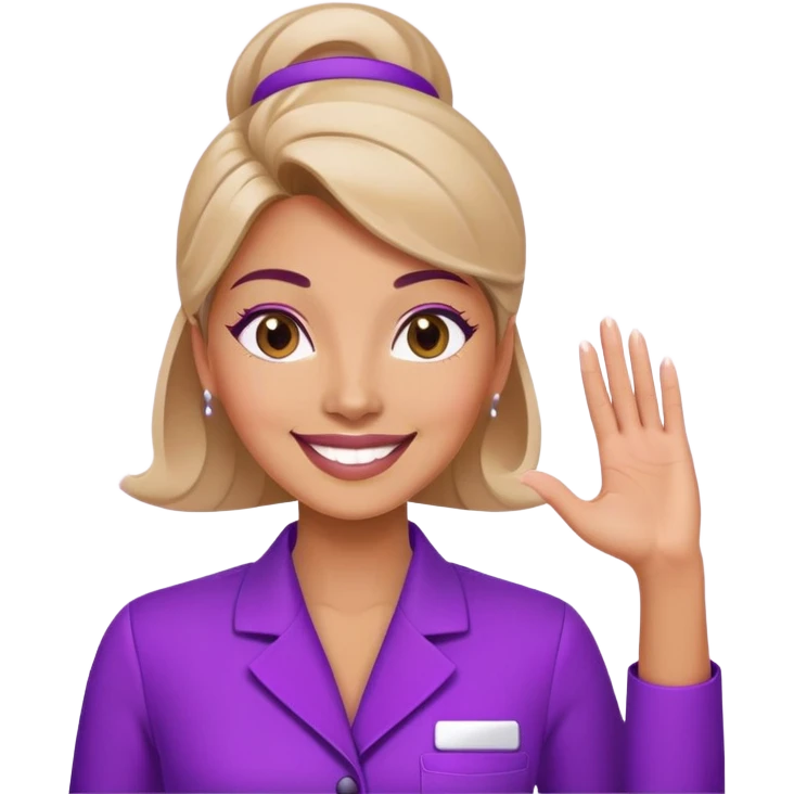 Woman cosmetologist in purple salon uniform with hand raised, smiling emoji