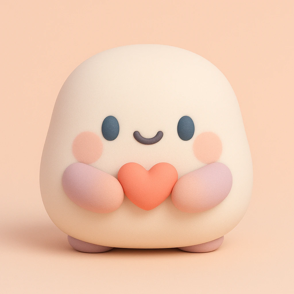 a mochi character holding a tiny heart, kawaii expression, mochi style emoji