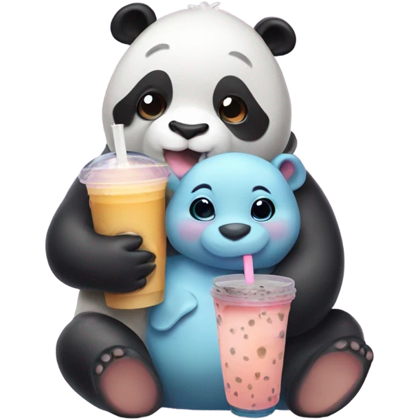 A panda hugging a baby hippo with bubble tea emoji