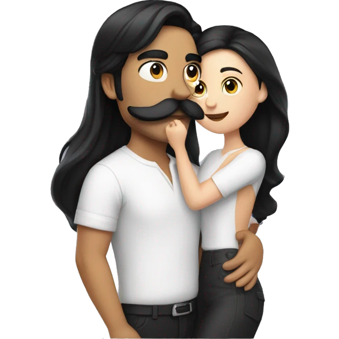 Guy with mustache kissing girl in black hair emoji