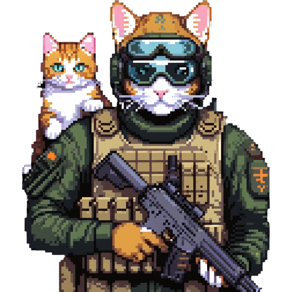 Simple pixel art of man with goggles in tactical gear holding gun and cat emoji