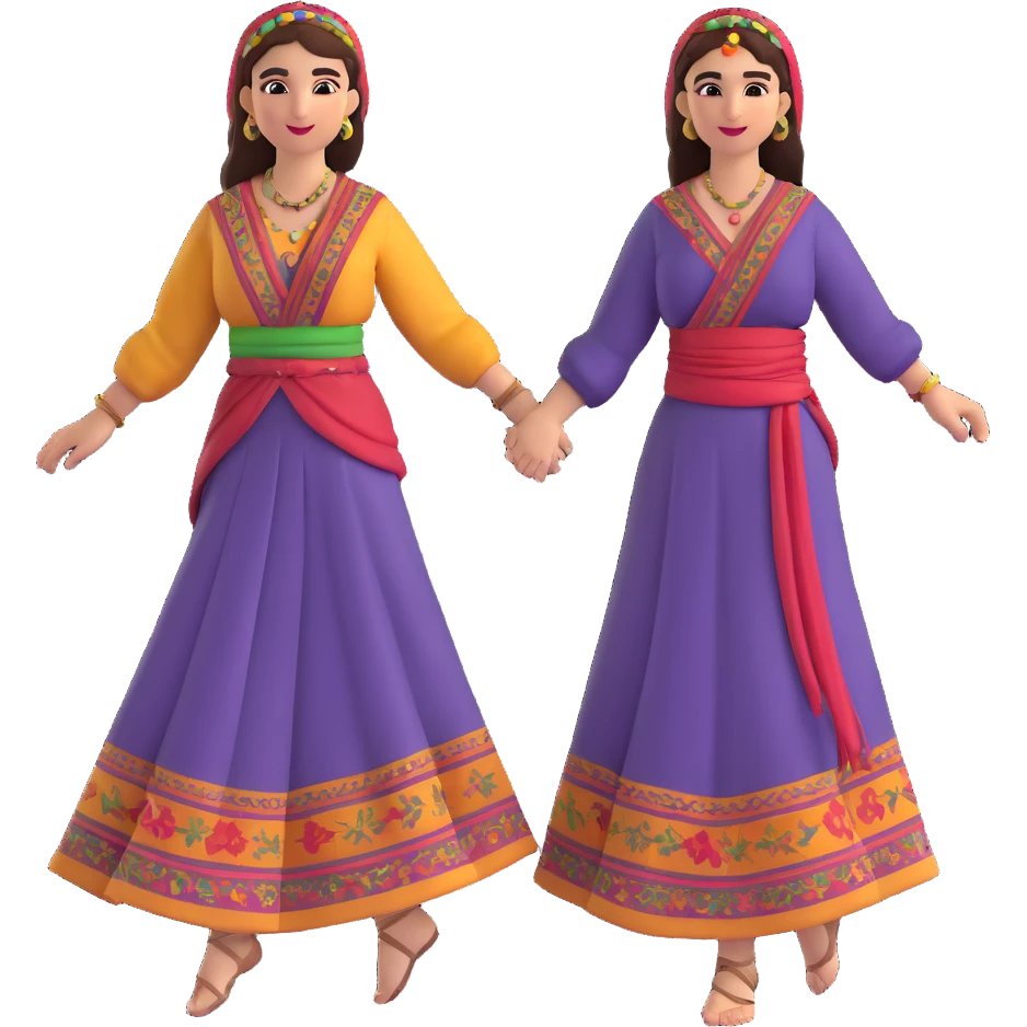 cartoon sticker of a group of Kurdish women in traditional female clothing dancing Kurdish dance holding hands, colorful and joyful, no text, suitable for WhatsApp and Instagram emoji