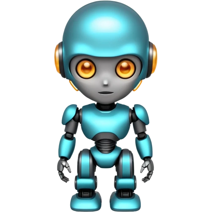 Cute futuristic chibi humanoid robot with large rounded head, glossy black and grey metal body, glowing cyan and amber eyes, visible joints, confident pose, white background, high-detail 3D render, add text on chest "LMX". emoji