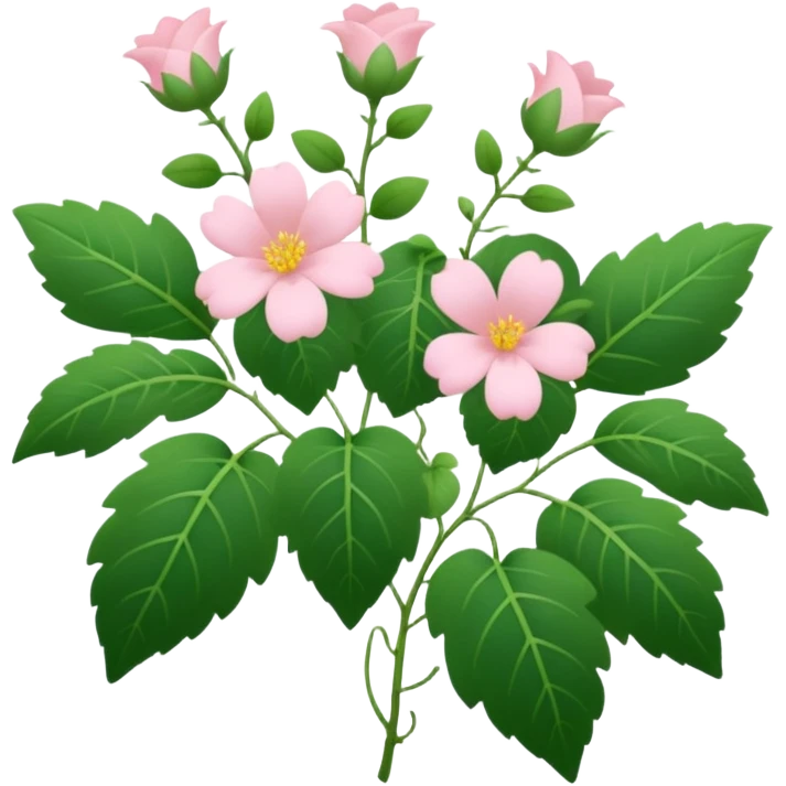Aesthetic flowers and plants growing from the ground in colours of soft pink matching the deep green leaves (to describe/match with the word flourish) more of a wild bush or vine  emoji