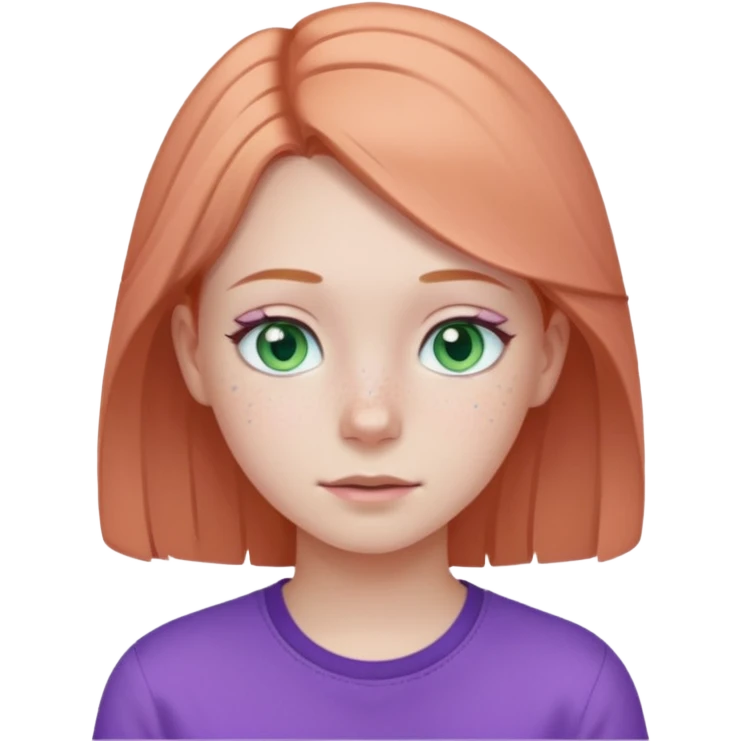 pale white teen girl with light blueish green eyes and freckles and purple shirt emoji