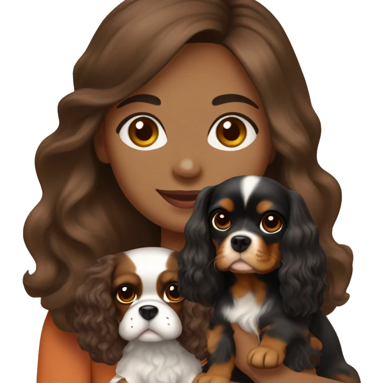 Light skin, dark brown long wavy hair girl, holding a cute cavalier King Charles spaniel dog with short ears wavy fur emoji