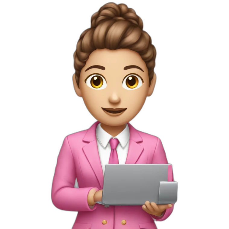 long brown curly pony tail girl with computer wearing pink suit emoji