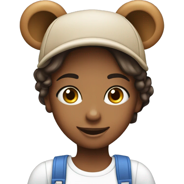 a smiling girl with blue eyes taking a photo on an iPhone, wearing a hat with teddy bear ears emoji