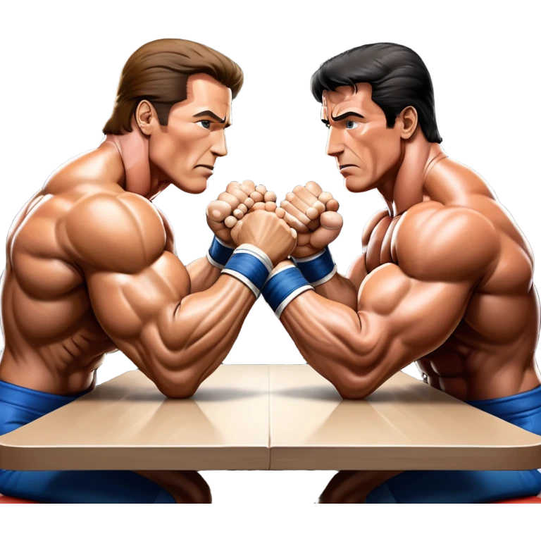 Arnold Schwarzenegger and Sylvester Stallone from 'Over the Top,' locked in an arm wrestling battle, using only their right hands. Their left hands rest on the table. Both display immense strength, with muscular arms flexing, under bright competition lights. Transparent background. emoji