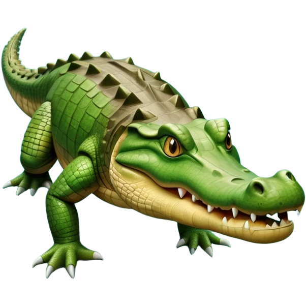 cinematic-crocodile-realistic-full-body-on all fours-emoji,-massive-scaled-body-partially-submerged-in-shallow-water,-head-tilted-dramatically,-rough-green-and-brown-hide-textured-with-deep-ridges,-simplified-yet-realistic-focused-features, head held high emoji