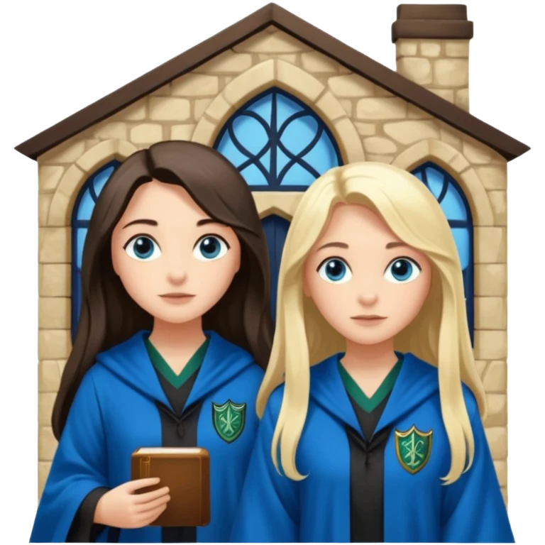 a pretty ravenclaw girl with long dark brown hair and blue eyes standing with a pretty Slytherin girl with long blonde hair, blue eyes emoji