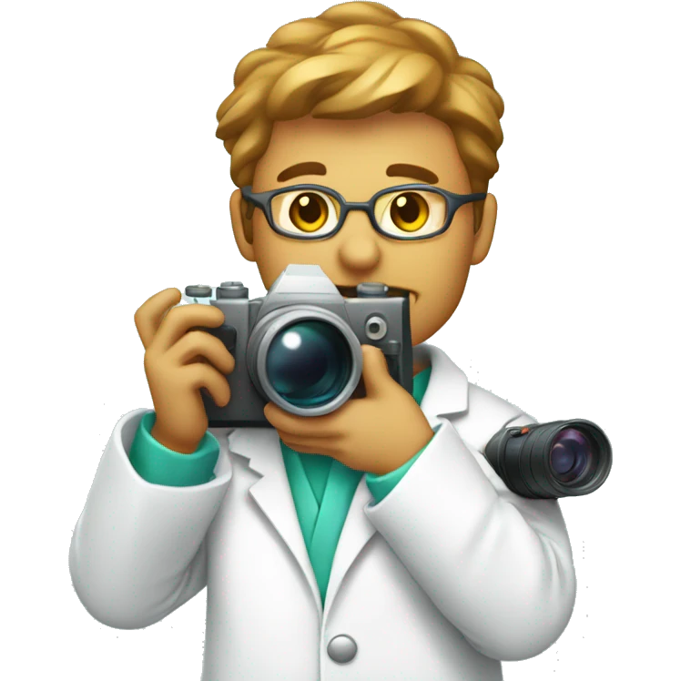 Cat Scientist taking a photo with a big camera while wearing a lab coat (he's shirt is mint color emoji