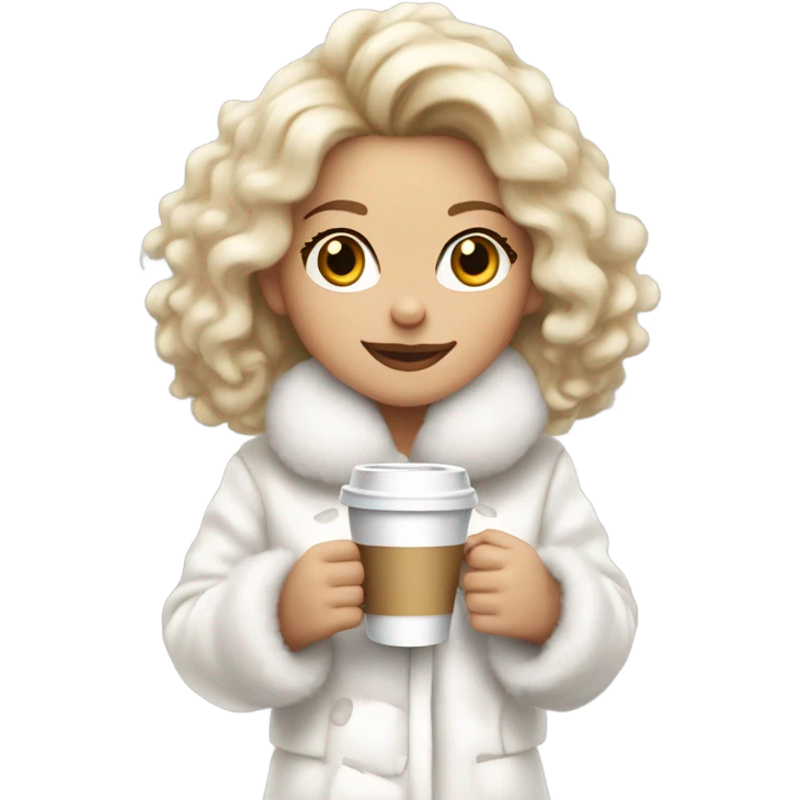 blonde girl wearing white fluffy jacket and a coffee to go in hand all dress white and a white bow on hair emoji