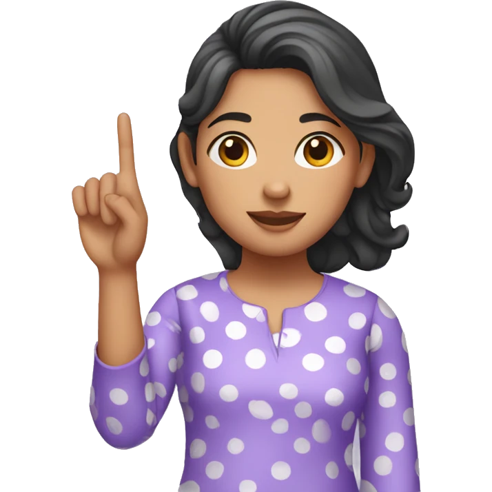 A girl with lavender kurti white spots showing three fingers in one hand emoji