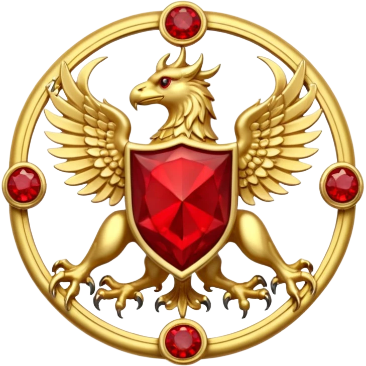 Golden griffin crest / brosch in a circle with red gems and no background emoji